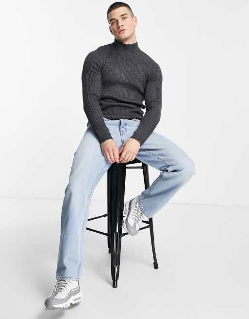 Brave Soul cotton ribbed turtle neck jumper in charcoal, 3 of 4