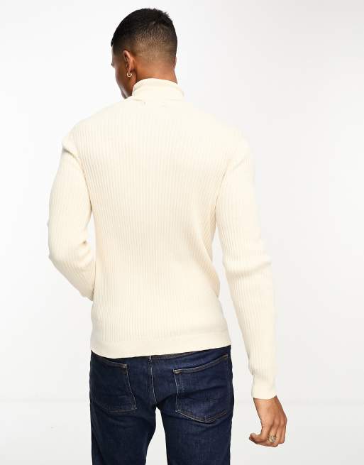 Brave Soul cotton ribbed turtle neck sweater in oatmeal, 3 of 4