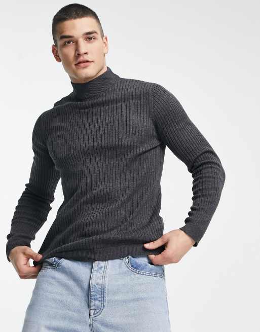 Brave Soul cotton ribbed turtleneck jumper in charcoal