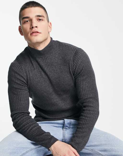 Brave Soul cotton ribbed turtleneck jumper in charcoal, 2 of 4