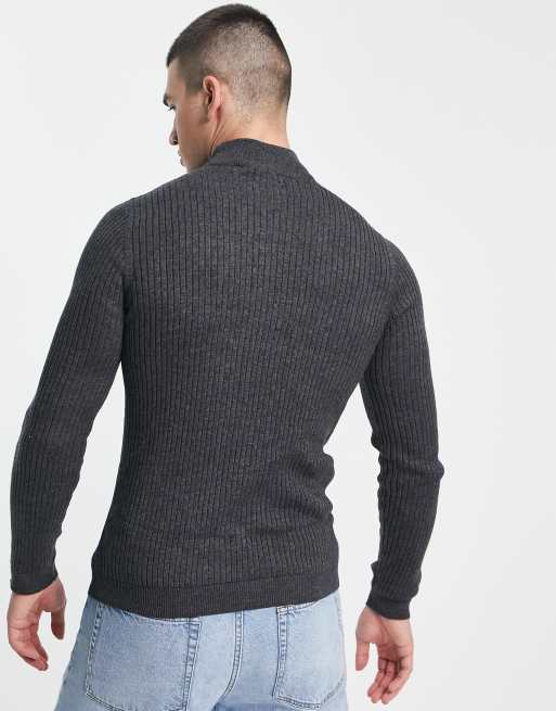 Brave Soul cotton ribbed turtleneck jumper in charcoal, 4 of 4