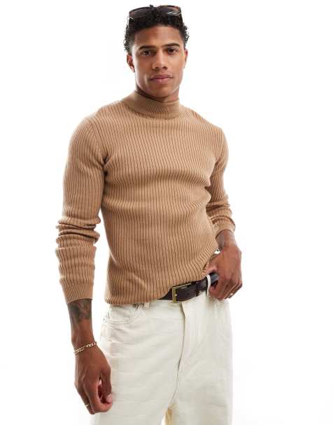 Brave Soul cotton ribbed turtleneck sweater in tan - view 1