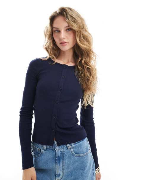 Brave Soul cotton rich button down long sleeve top in navy - view 1