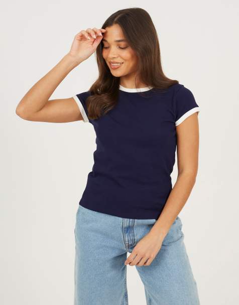 Brave Soul Cotton rich contrast trim t-shirt in navy