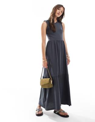 cotton rich high neck tiered midi dress in charcoal gray