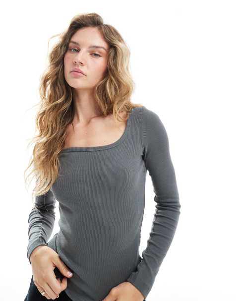 Brave Soul cotton rich long sleeve square neck top in grey - view 1