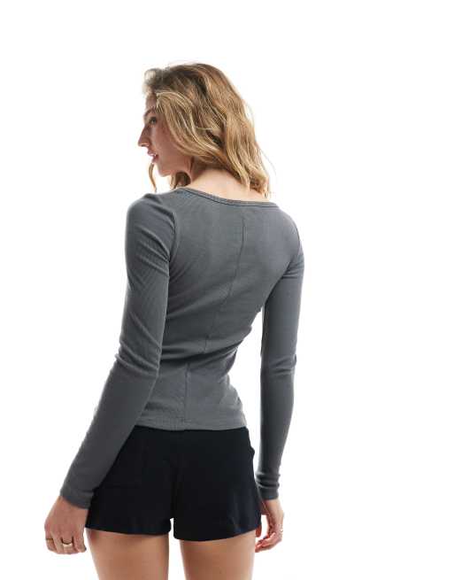 Brave Soul cotton rich long sleeve square neck top in grey, 4 of 4
