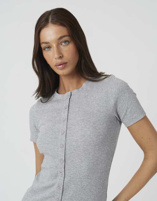 Brave Soul Cotton rich short sleeve button down top in grey, 4 of 4
