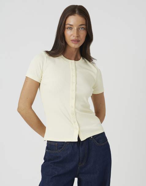 Brave Soul Cotton rich short sleeve button down top in lemon - view 1