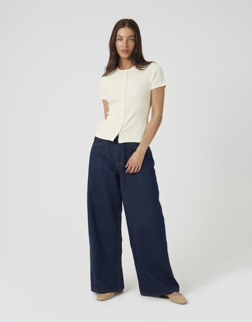 Brave Soul Cotton rich short sleeve button down top in lemon, 3 of 4