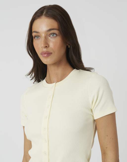 Brave Soul Cotton rich short sleeve button down top in lemon, 4 of 4