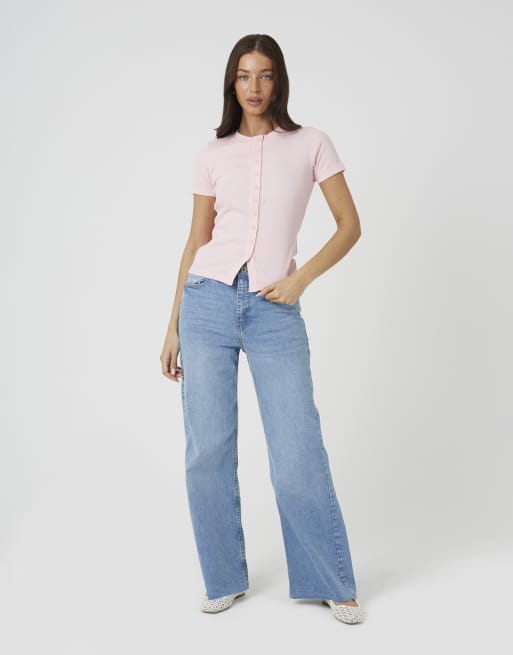 Brave Soul Cotton rich short sleeve button down top in pale pink, 3 of 4