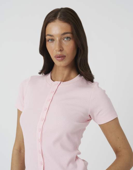 Brave Soul Cotton rich short sleeve button down top in pale pink, 4 of 4