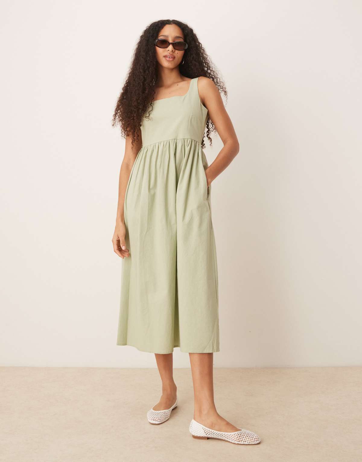 Brave Soul cotton rich square neck gingham midi dress in sage green