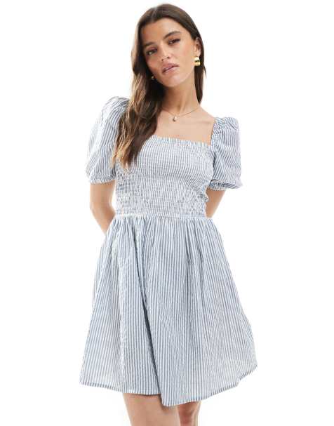 Brave Soul cotton rich square neck milkmaid mini dress in blue stripe - view 1