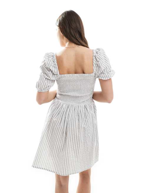 Brave Soul cotton rich square neck milkmaid mini dress in gray stripe