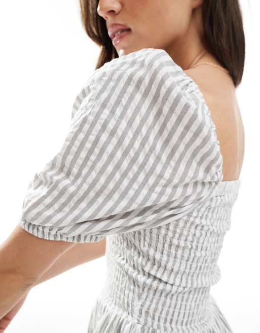 Brave Soul cotton rich square neck milkmaid mini dress in grey stripe, 3 of 4