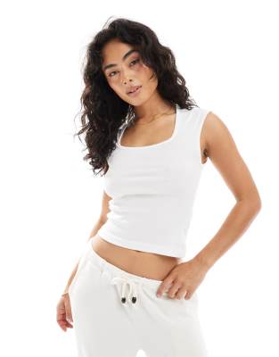 cotton rich square neck tank top in white