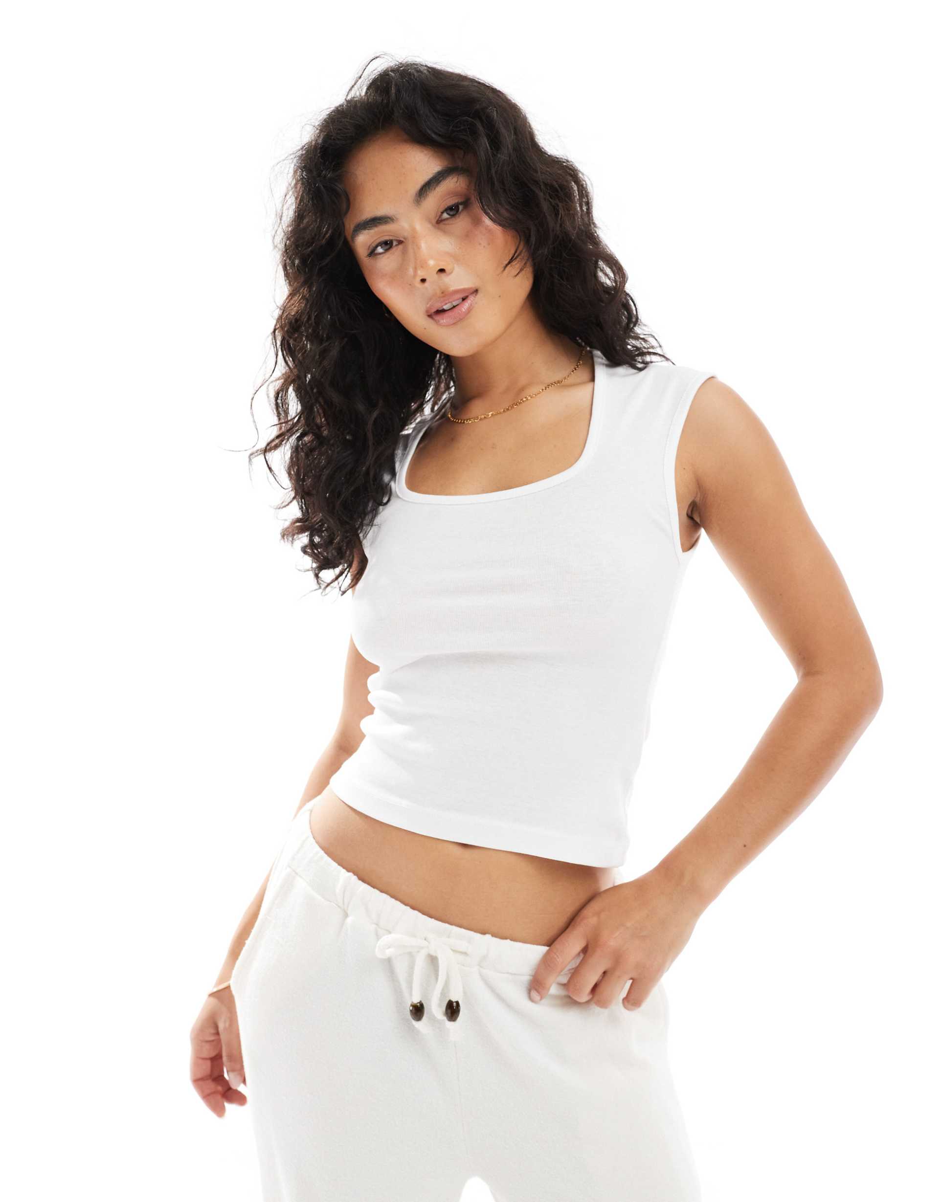 brave soul cotton rich square neck tank top in white