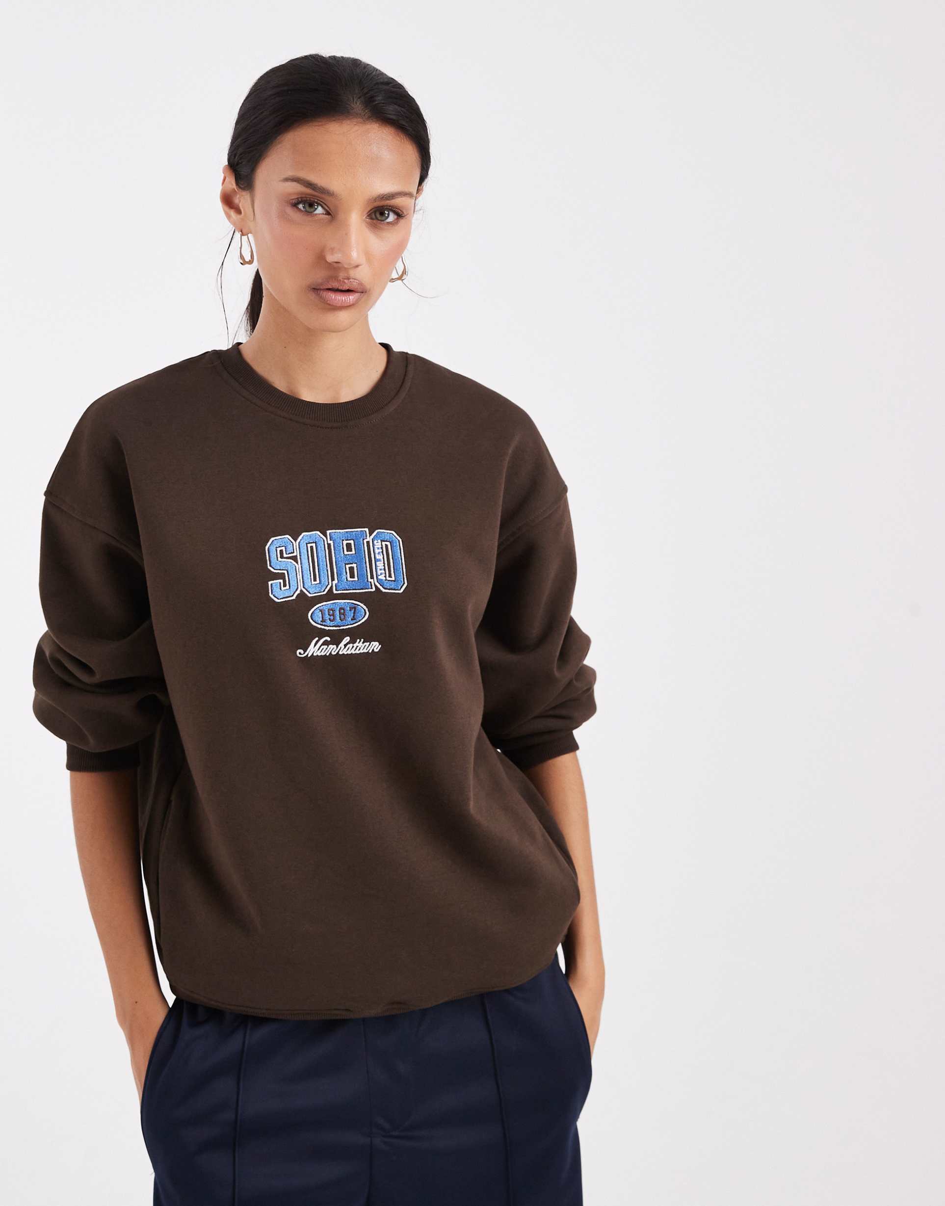 brave soul cotton rich sweatshirt with soho print in chocolate brown
