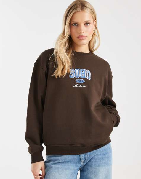 Brave Soul cotton rich sweatshirt with soho print in chocolate brown