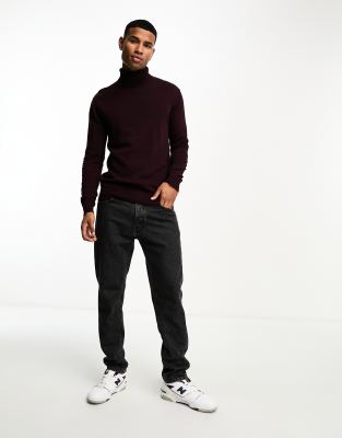 Brave Soul cotton roll neck jumper in burgundy-Red