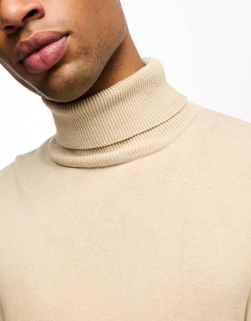 Brave Soul cotton roll neck jumper in stone ASOS