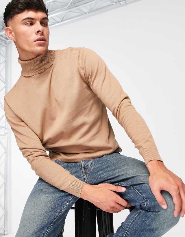 Brave Soul cotton roll neck sweater in beige