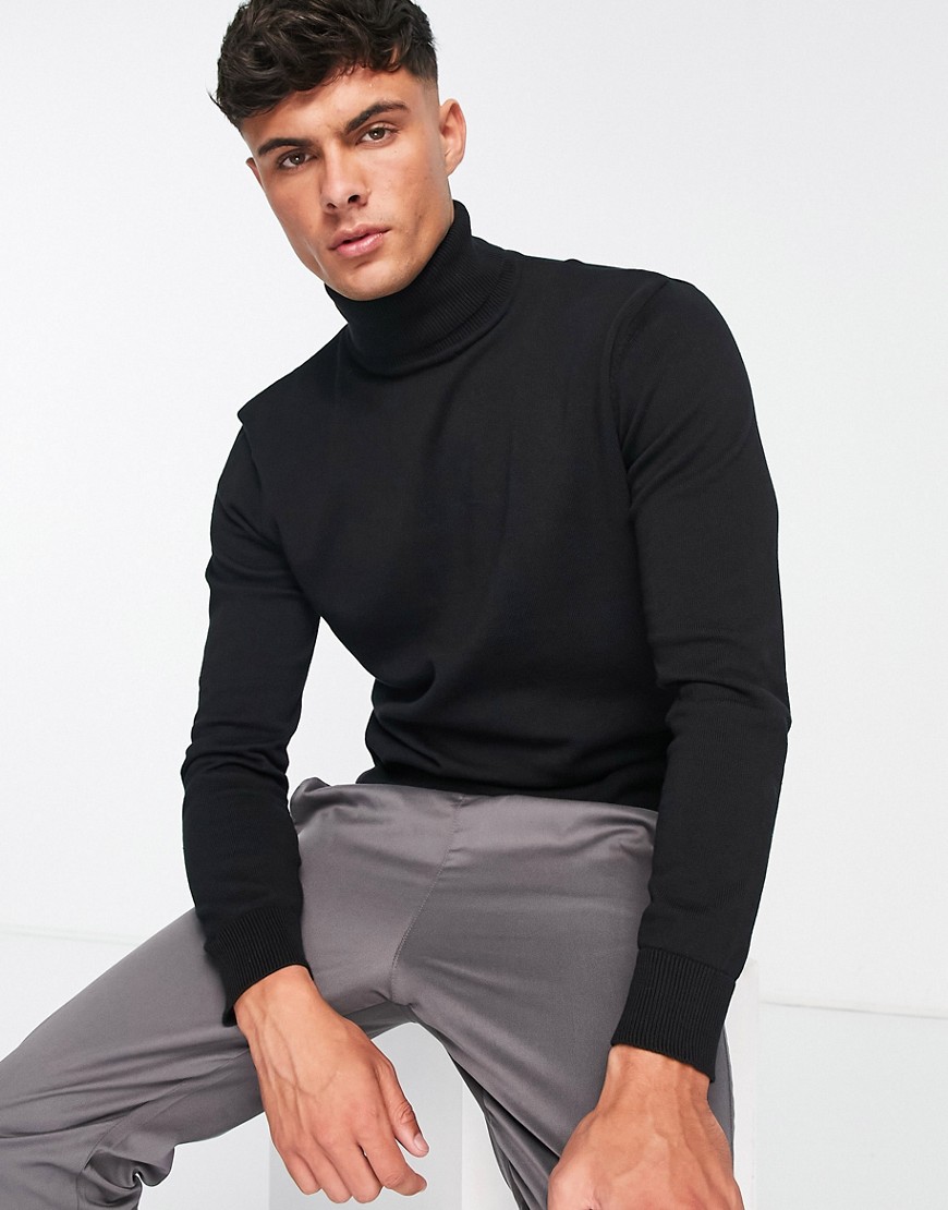 Brave Soul cotton roll neck sweater in black