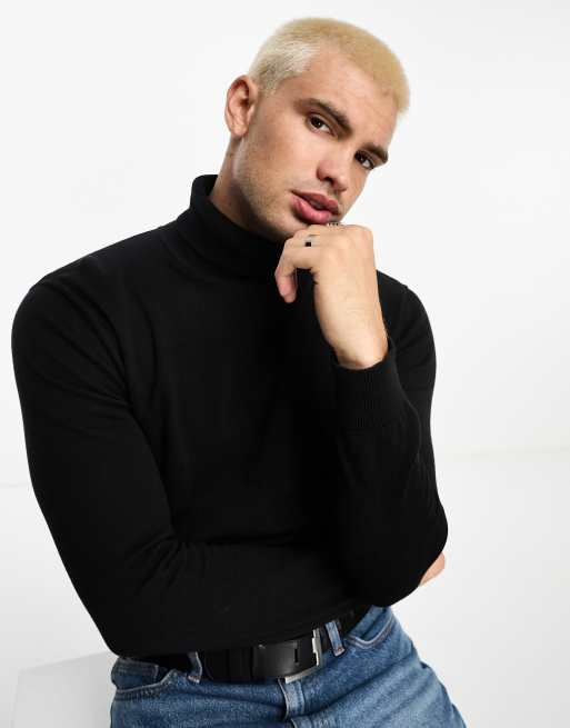 Brave Soul cotton roll neck sweater in black
