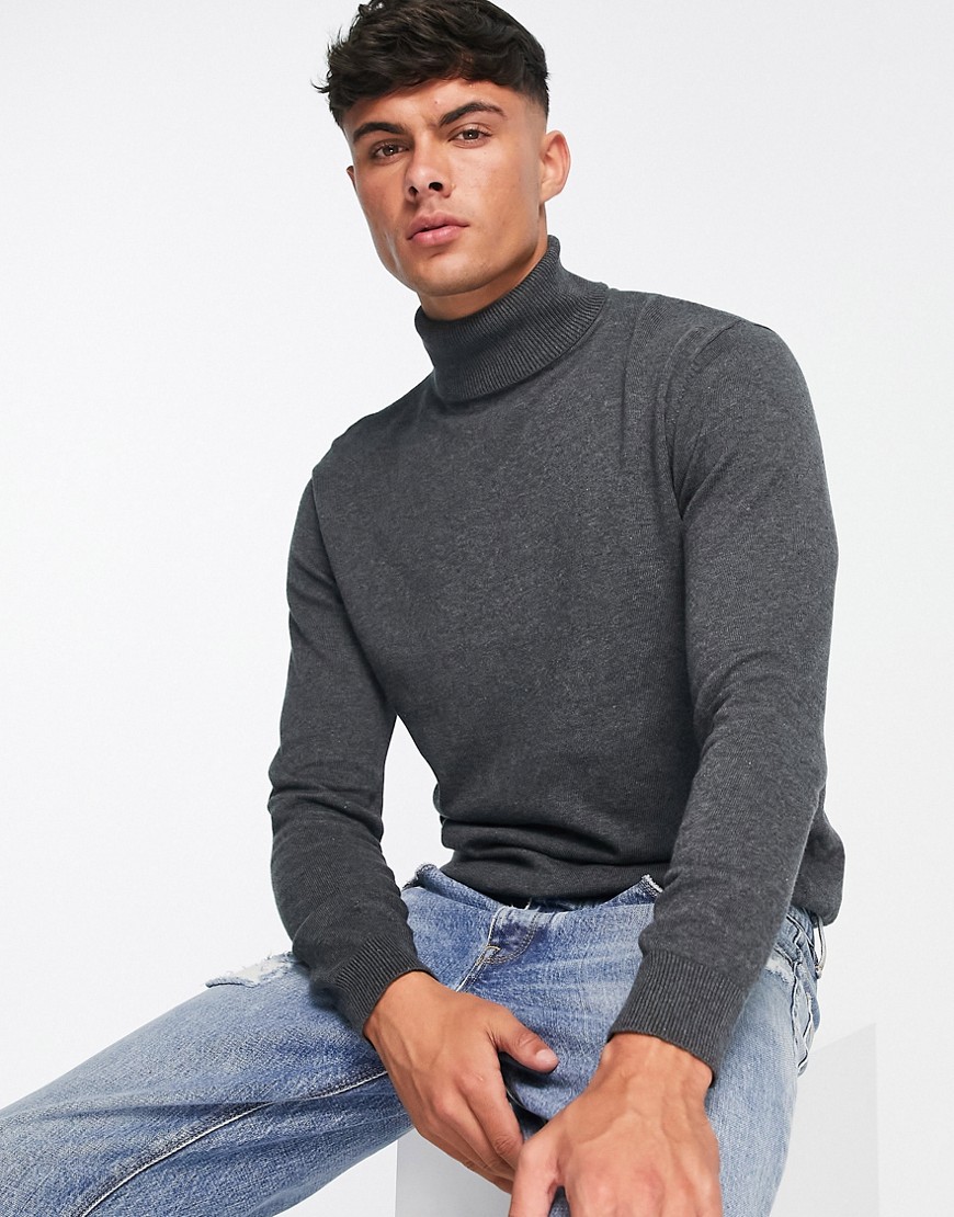 Brave Soul cotton roll neck sweater in charcoal-Gray
