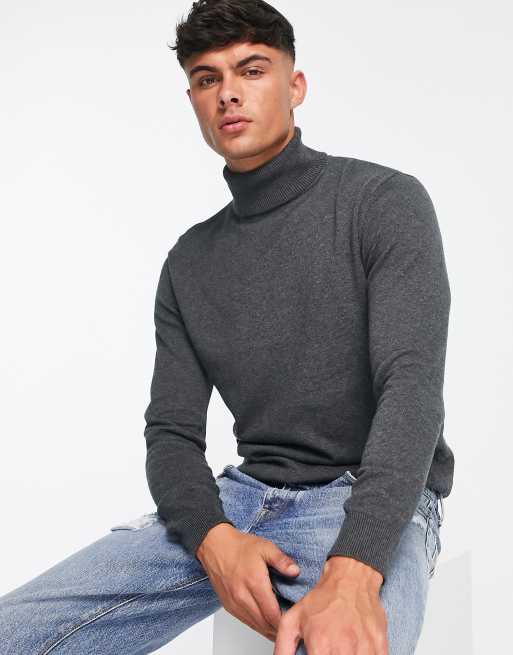 Brave Soul cotton roll neck sweater in charcoal ASOS
