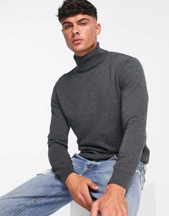 Brave Soul cotton roll neck sweater in charcoal