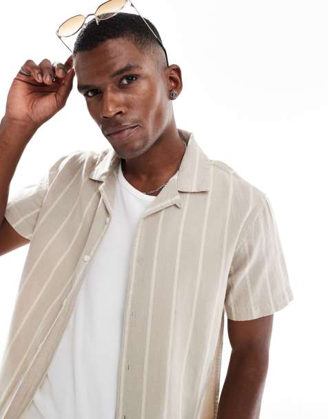 Brave Soul Cotton short sleeve stripe shirt with linen in stone - view 1