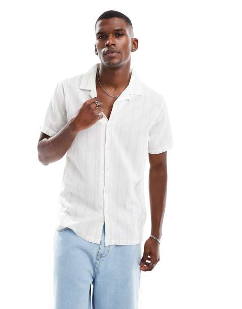 Brave Soul Cotton short sleeve stripe shirt with linen in white - view 1