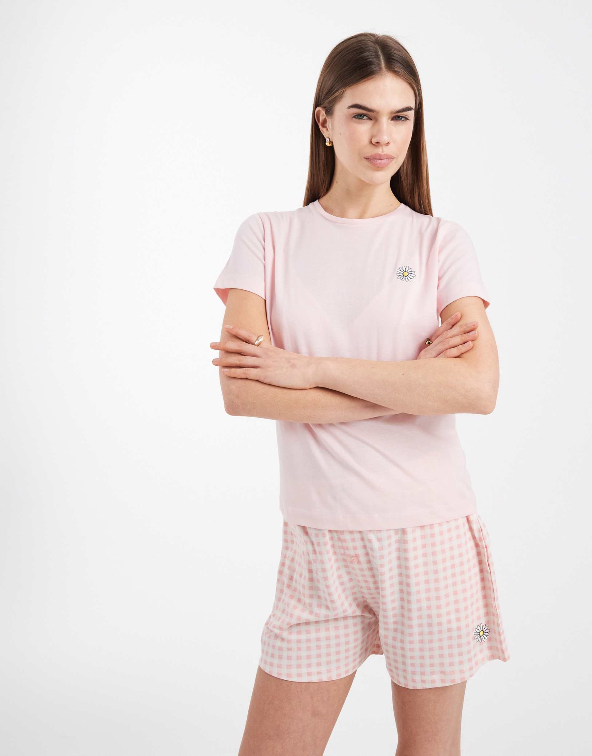 brave soul cotton t-shirt and floral print shorts pajama set with daisy embroidery in pink