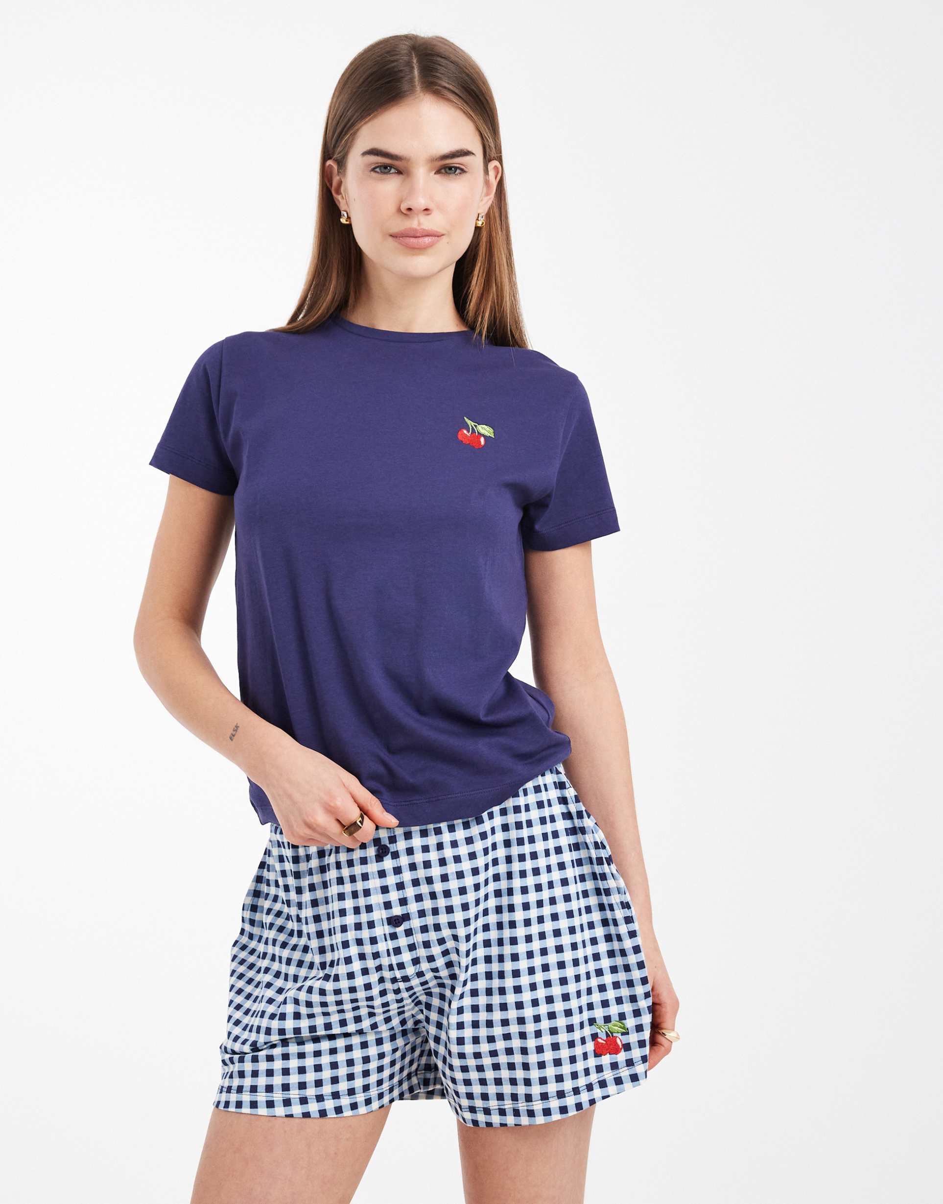 brave soul cotton t-shirt and gingham shorts pajama set with cherry embroidery in navy