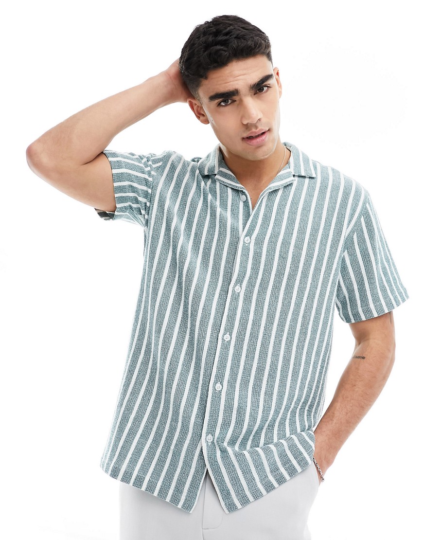 Brave Soul Cotton Textured Camp Collar Shirt In Green Stripe