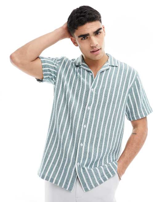 Brave Soul cotton textured camp collar shirt in green stripe