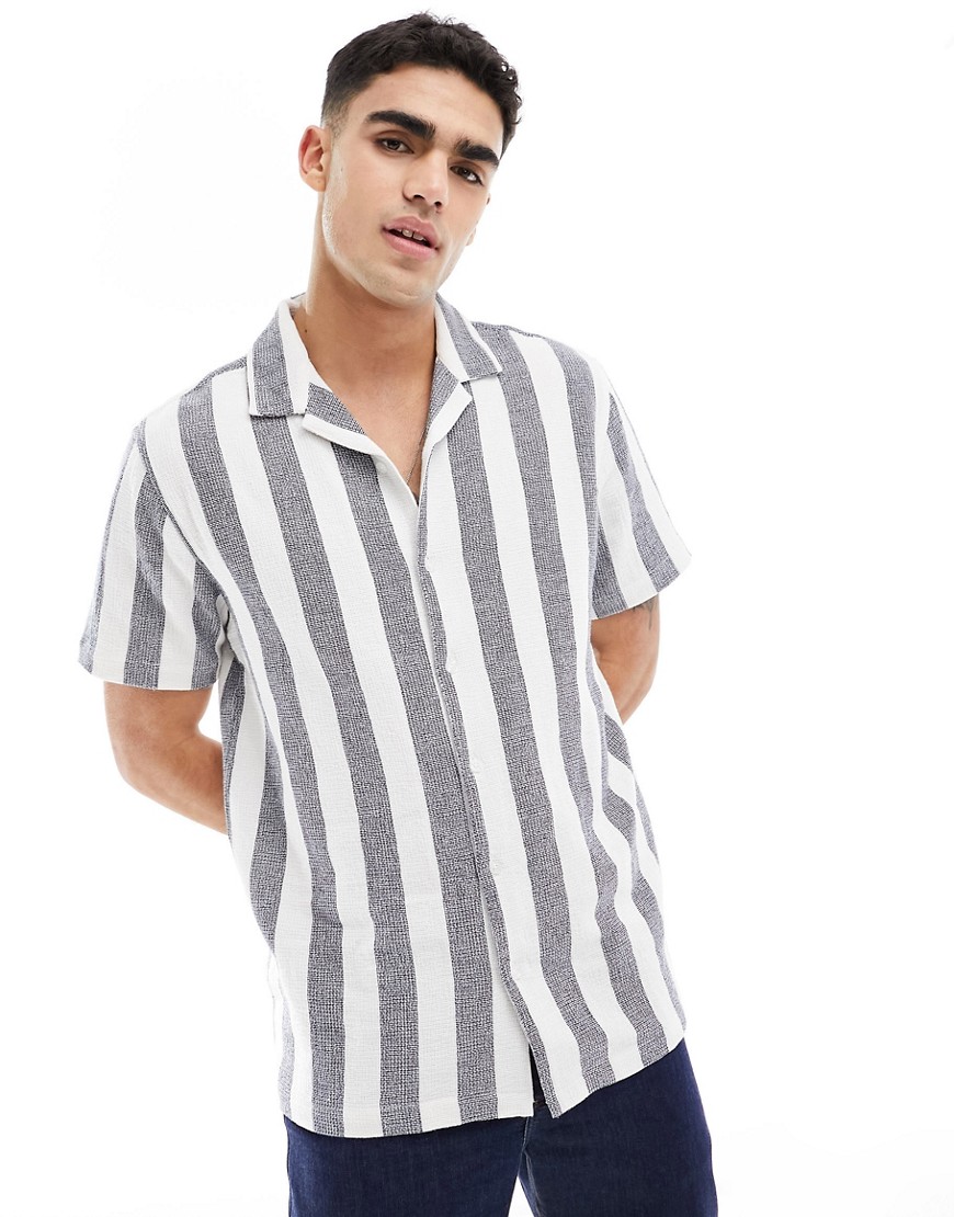 cotton textured camp collar shirt in navy stripe