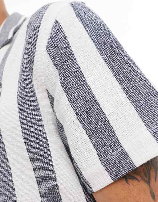 Brave Soul cotton textured camp collar shirt in navy stripe, 2 of 4