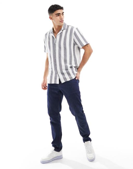 Brave Soul cotton textured revere collar shirt in navy stripe, 3 of 4