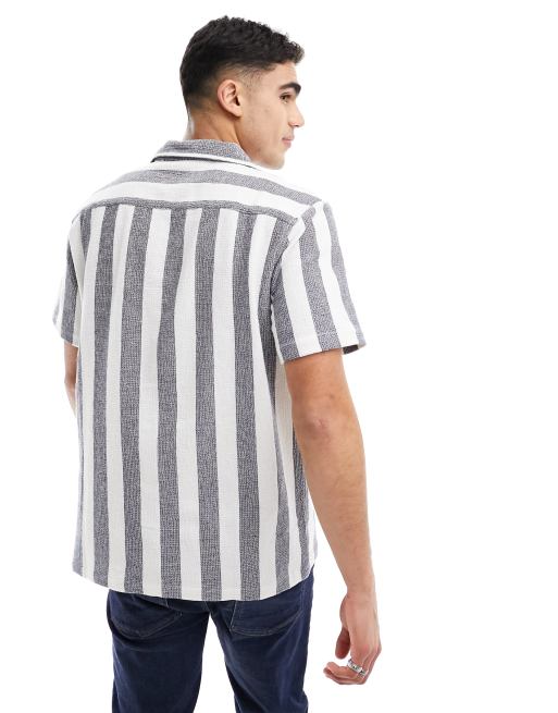 Brave Soul cotton textured revere collar shirt in navy stripe, 4 of 4
