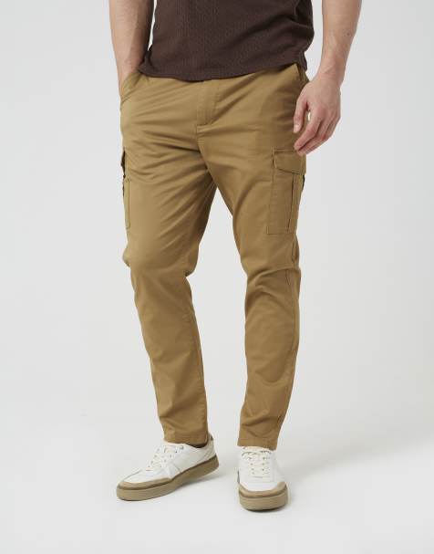 Brave Soul Cotton twill cargo style chino trousers in stone - view 1