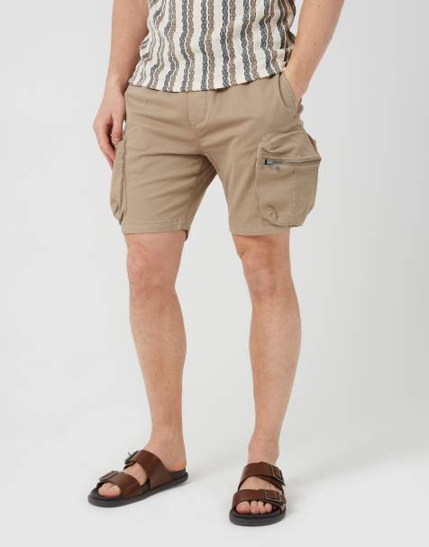 Brave Soul Cotton twill chino cargo shorts in stone - view 1