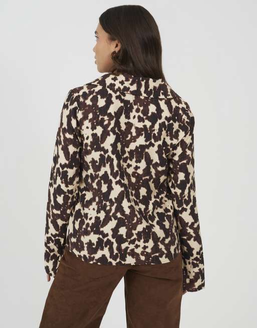 Brave Soul Cow print long sleeve collared blouse in brown, 2 of 4