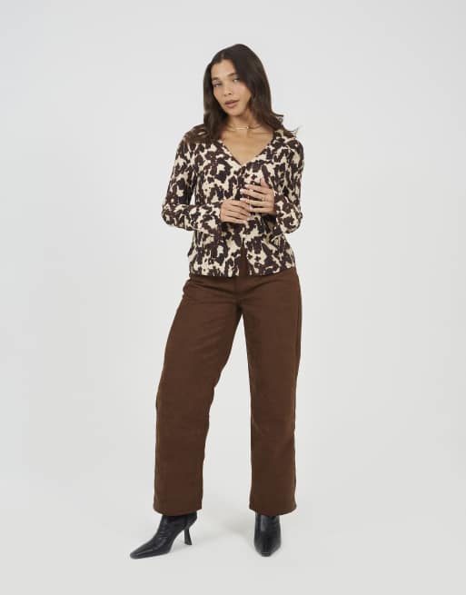 Brave Soul Cow print long sleeve collared blouse in brown, 3 of 4