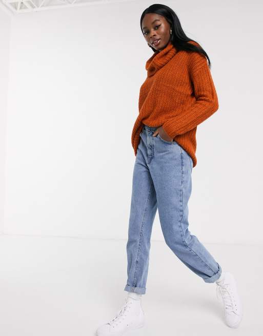 Brave Soul cowl neck fisherman knit jumper in rust