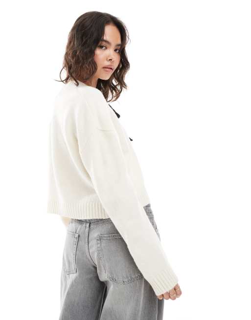 Brave Soul - Cremehvid cropped cardigan med sorte bindebånd, 4 af 4