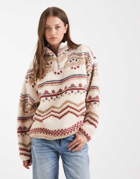 Brave Soul - Cremehvid fleece med høj hals og kvart lynlås i gyldenbrunt Fair Isle-print - view 1